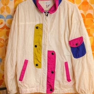 Vintage 80’s lightweight zip Jacket with blue, Pink & Yellow Accents unisex